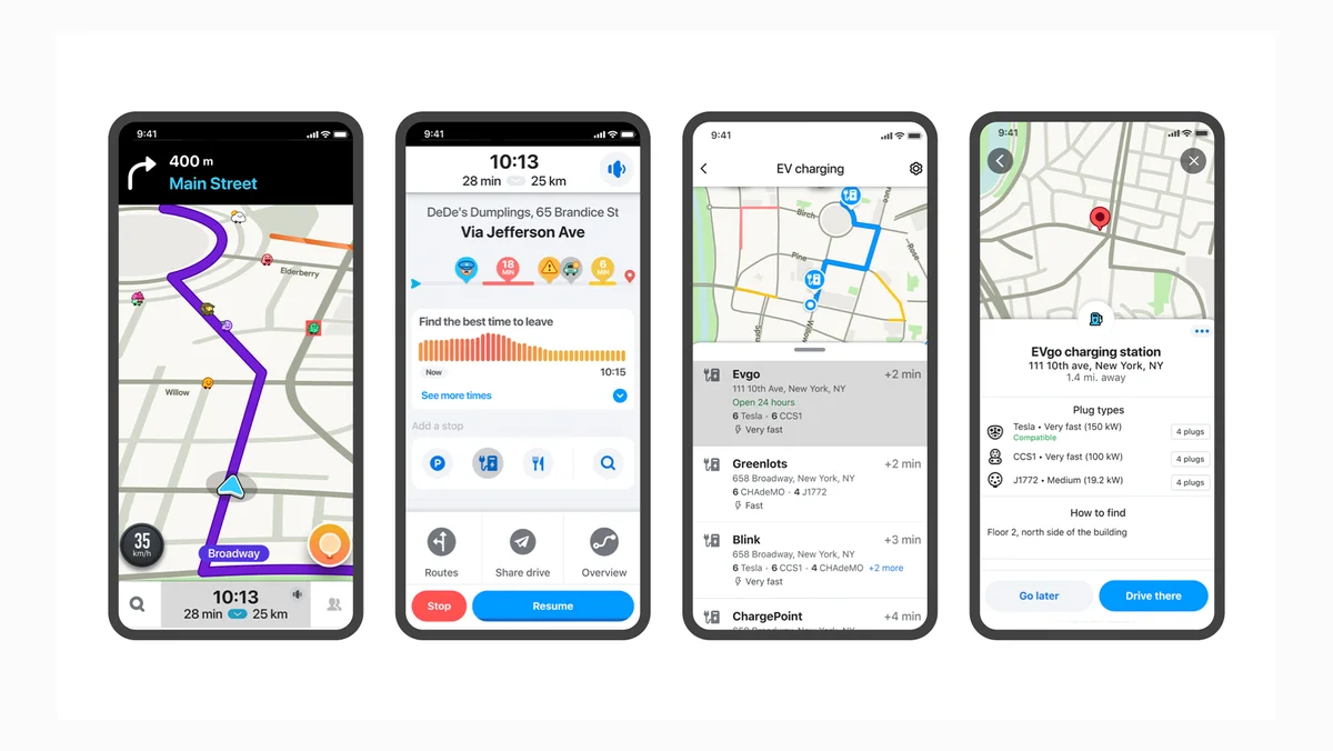 An illustration of EV charging stations on the Waze Map and what drivers will see in the app when navigating