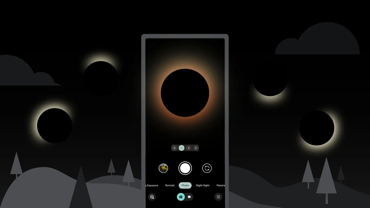 An illustration showing someone taking a photo of a solar eclipse with a Pixel.