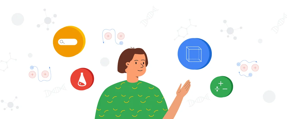 Illustration of a woman in a green shirt with short brown hair surrounded by colorful bubbles with icons related to S.T.E.M. education, like math symbols and a beaker, inside of them.