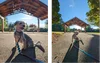 Two photos side by side. One has a regular focal length and shows a white dog in front of an outdoor wooden structure with a roof. The second photo is the same, but the focal length is widened out and adds a sense of length to the image.