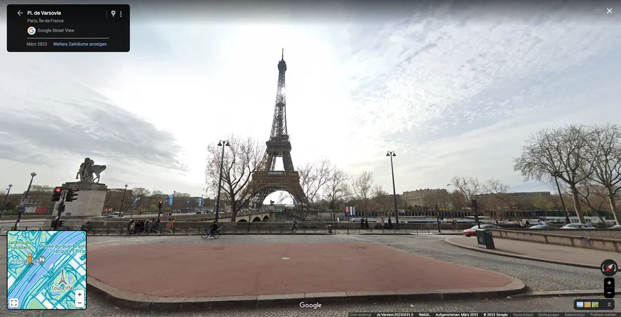 Eine Street View-Aufnahme, welche den Eiffelturm in Paris zeigt.