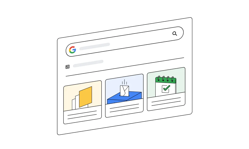 Un’illustrazione dei risultati di Ricerca che mostrano il contenuto delle notizie e un’icona delle impostazioni a forma di ingranaggio