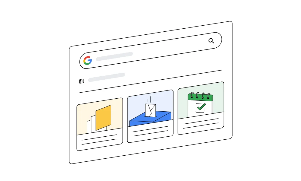 An illustration of a Google search bar featuring election ballots and a calendar