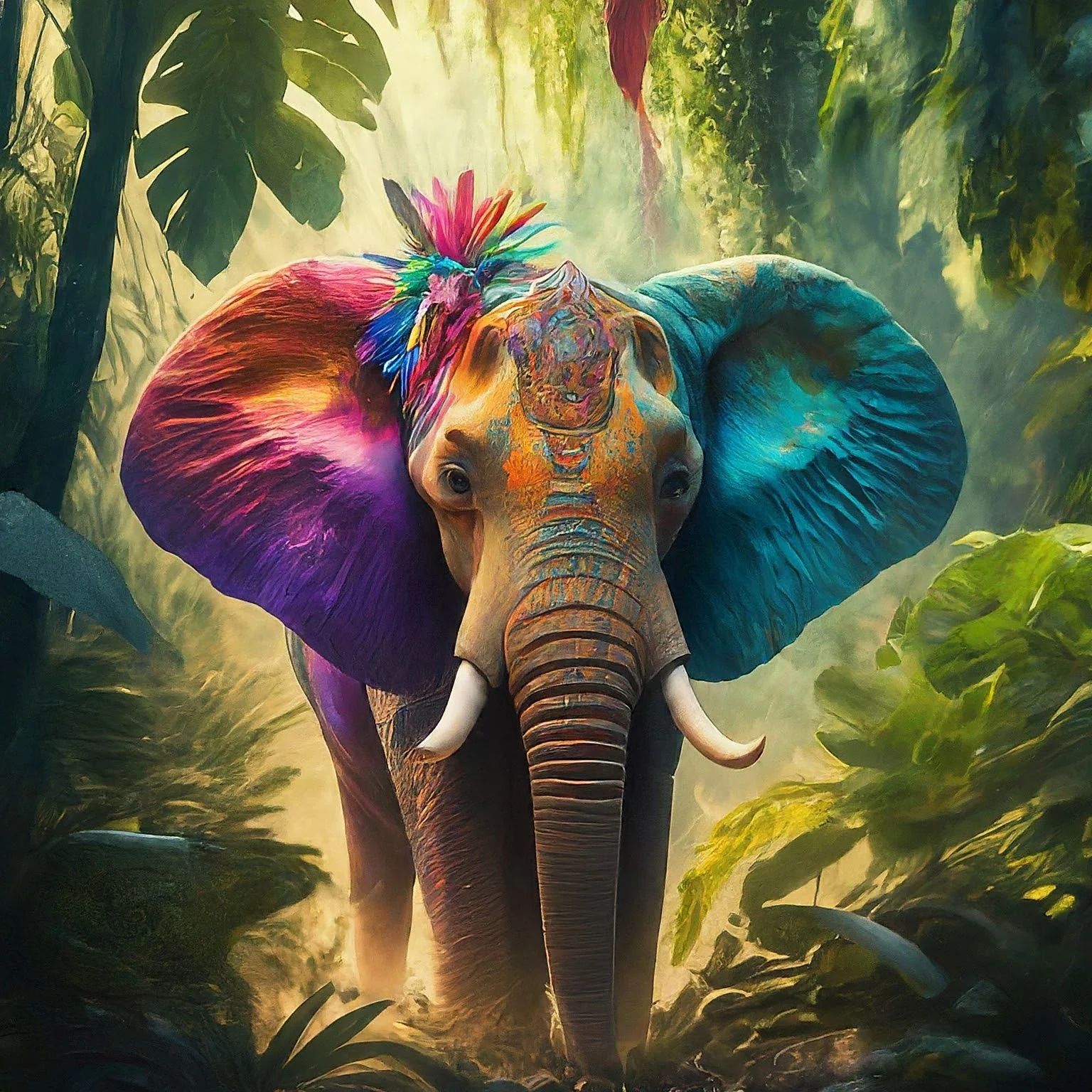 Un elefante caminando por la jungla con colores vibrantes sobre su cuerpo.