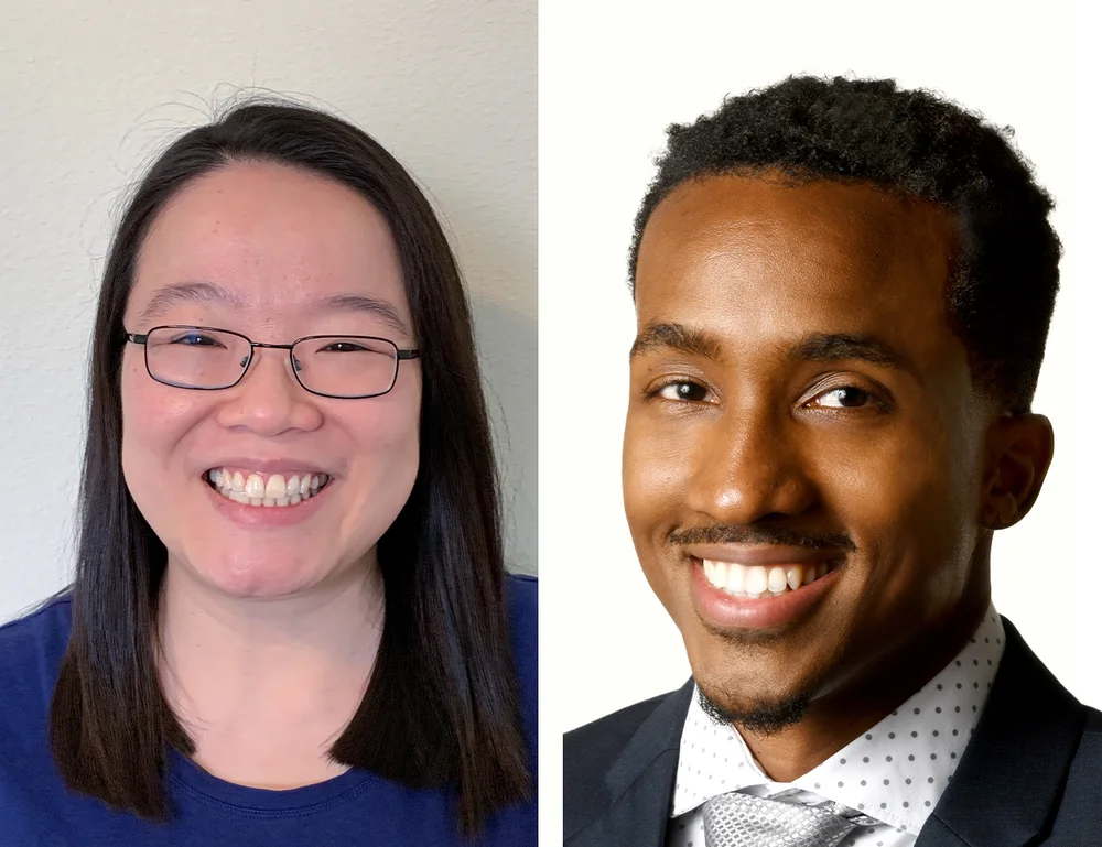 Side-by-side headshots of Elsa and Matthew. Elsa is wearing a navy blue shirt and black glasses, and is smiling at the camera. Matthew is wearing a grey and white polka dot button-up shirt, grey tie and black blazer, and is smiling at the camera.