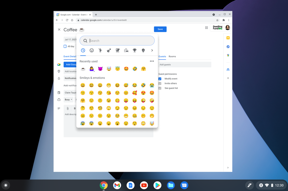 The emoji picker is pulled up and shows recently used emoji, the search bar and a scrollable list of emoji to choose from.