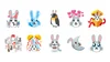 A collection of custom rabbit emojis including two rabbits surrounded by confetti, a blue bunny sparkling as if itis a diamond, a penguin in bunny ears, a bunny with floating pink hearts, a bunny popping out of a gold present box, a rabbit family, a rabbit smelling coffee, a rabbit face imposed onto a half moon, and a rabbit with tears welling in its eyes.