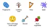 Seven new emoji: a blue fingerprint; brown leafless tree; golden harp; purple splat; yellow face with bags under eyes; gray and brown shovel; and a red and green root vegetable