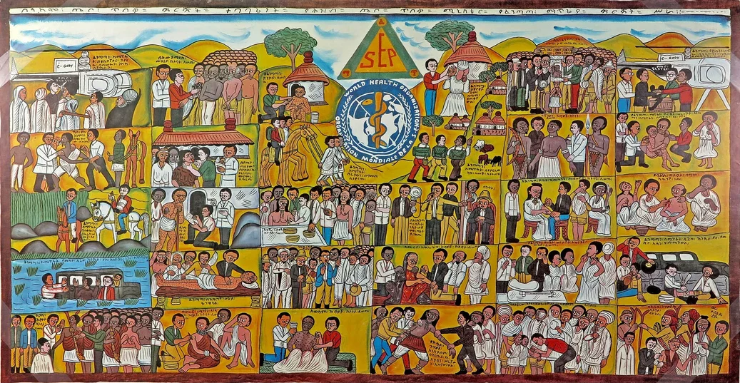 A large painted poster with several small sections showing activities related to the Smallpox Eradication Programme