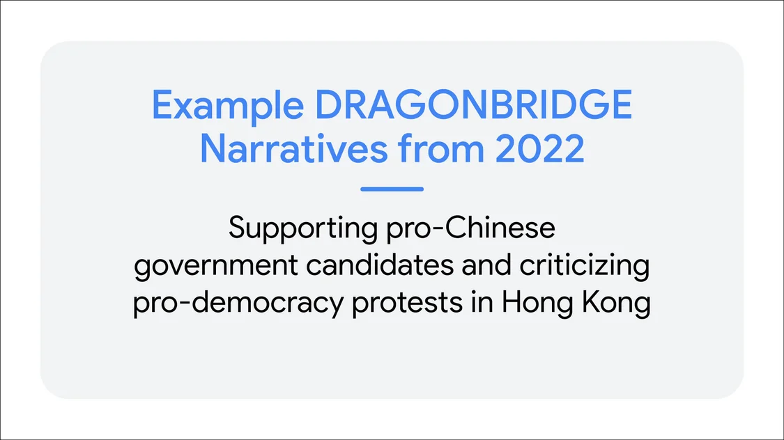 card showing DRAGONBRIDGE narrative that supports pro-Chinese government candidates and criticizing pro-democracy protests in Hong Kong