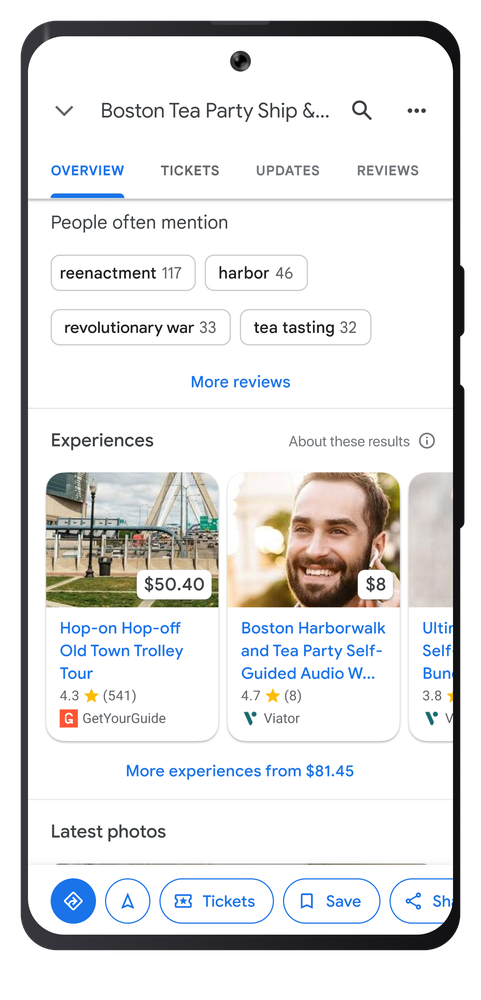 Screenshot of a search for "Boston Tea Party Ship &...". The Experiences section shows various options including a trolley tour and a self-guided tour.