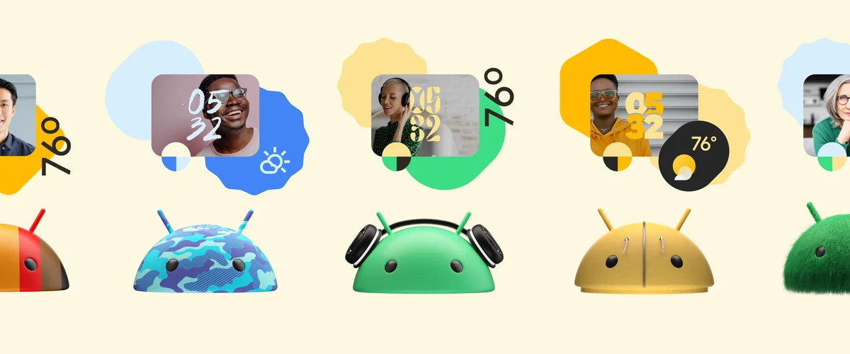 Serie de cabezas del robot de Android de diferentes colores decoradas con relojes y widgets en los colores correspondientes.