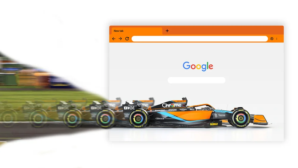 Image of a Chrome browser window with the McLaren F1 car, showcasing the Chrome logo on its engine cover.