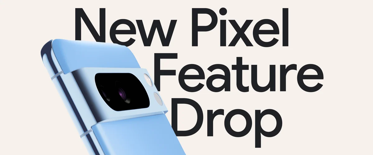 Een afbeelding die de nieuwe Feature Drop voor Pixel-toestellen aankondigt. Op de afbeelding zie je de achterkant van een blauwe Pixel 8 Pro.