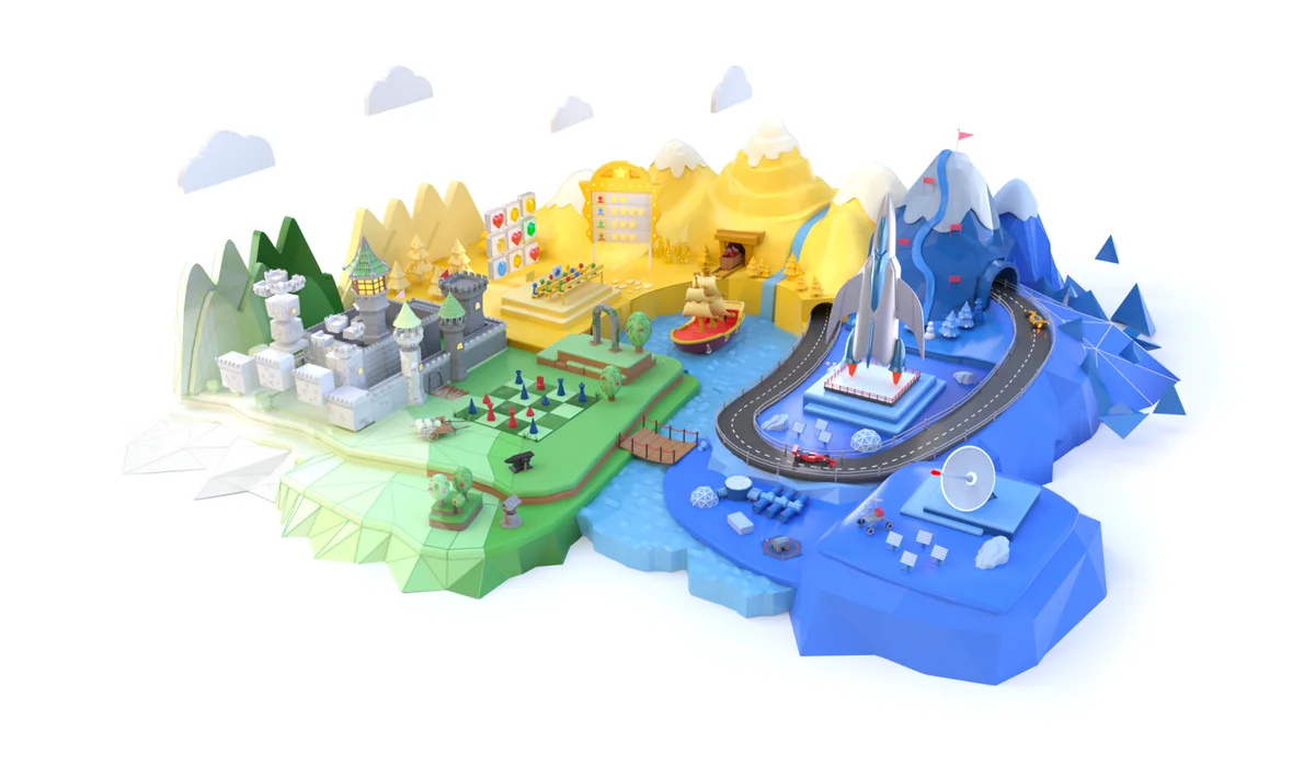 3D gaming world split into three sections with various game elements colored in green, yellow, and blue