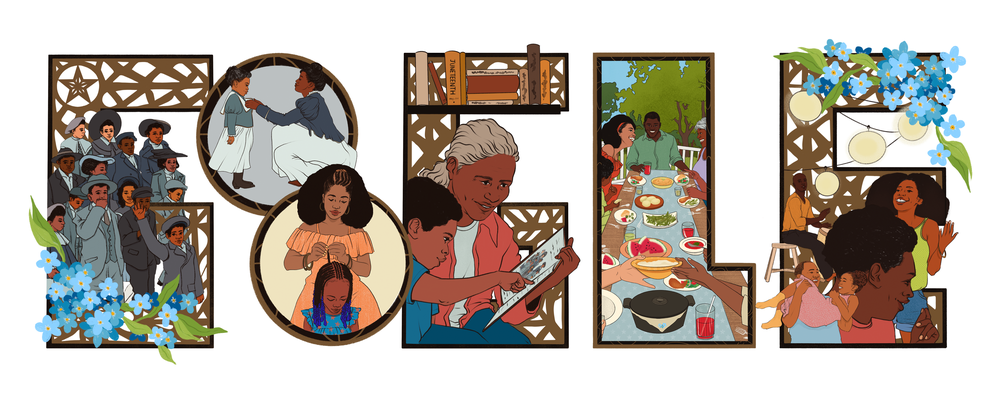 Google Doodle with images of parades, music, food and community in decorative ironwork.