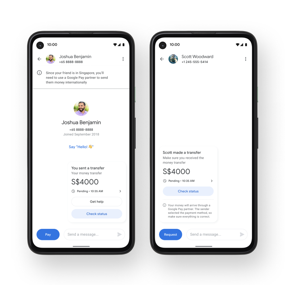Two phones side-by-side which show the conversation in the Google Pay app between a US Google Pay user who sent money to a Google Pay user in Singapore.