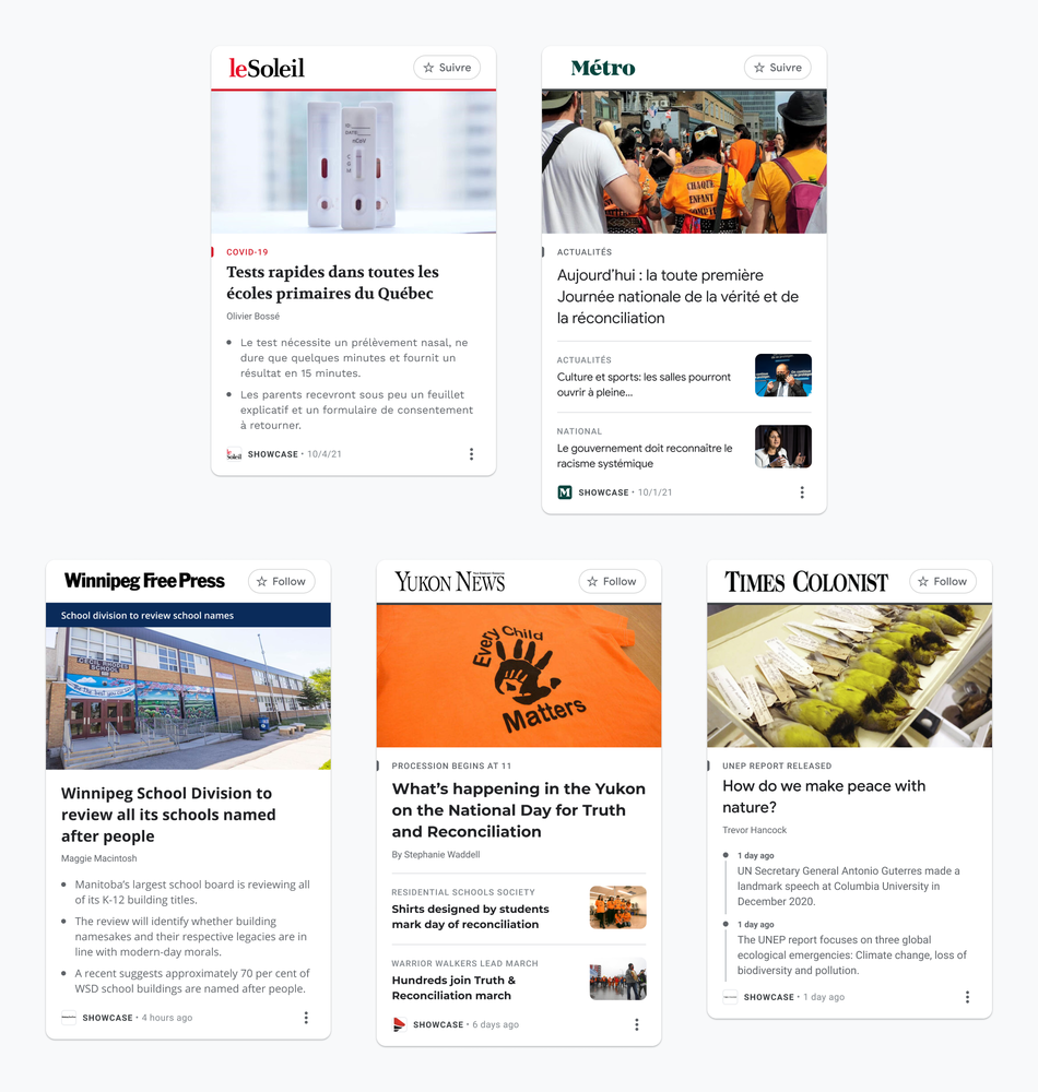 An image showing examples of how different News Showcase panels, including a bulleted list, timeline and rundown, will look for some of our partners in Canada