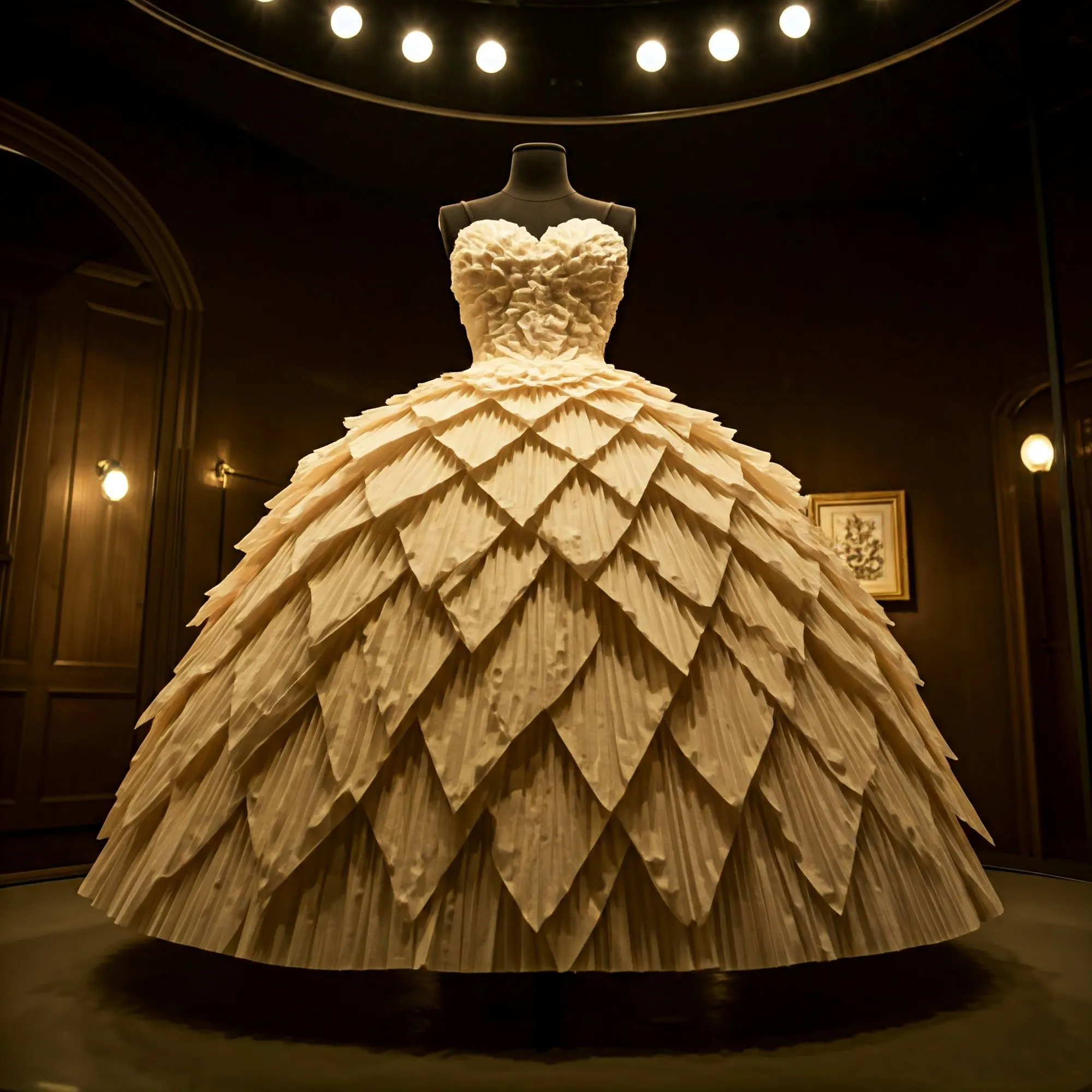 Imagen de un vestido de baile hecho con servilletas de papel en una elegante sala de exposiciones.