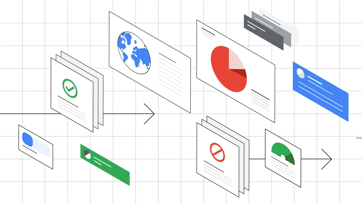 Illustration of floating websites with multi-colored globes and pie charts.