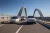 Image shows three Fiats from the Fiat 500 family driving on a bridge.