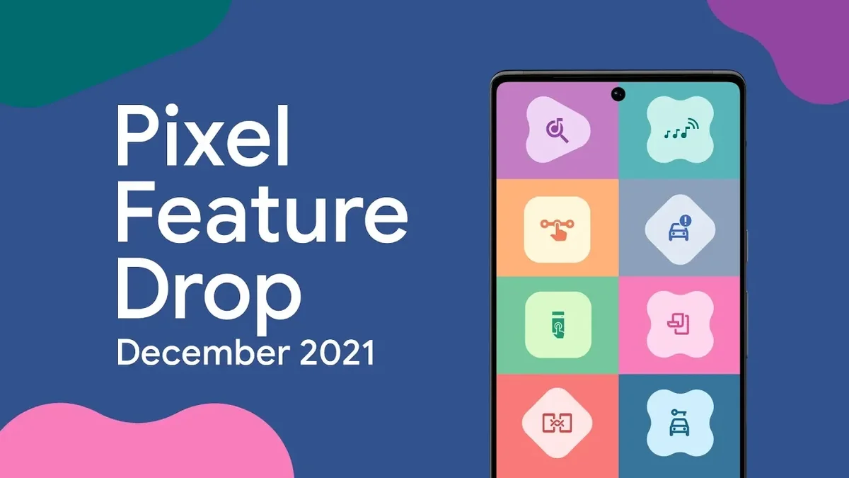 Pixel Feature Drop 2021年12月と書いてあり、さまざまな機能のアイコンがあるスマホ画面のイラスト画像。