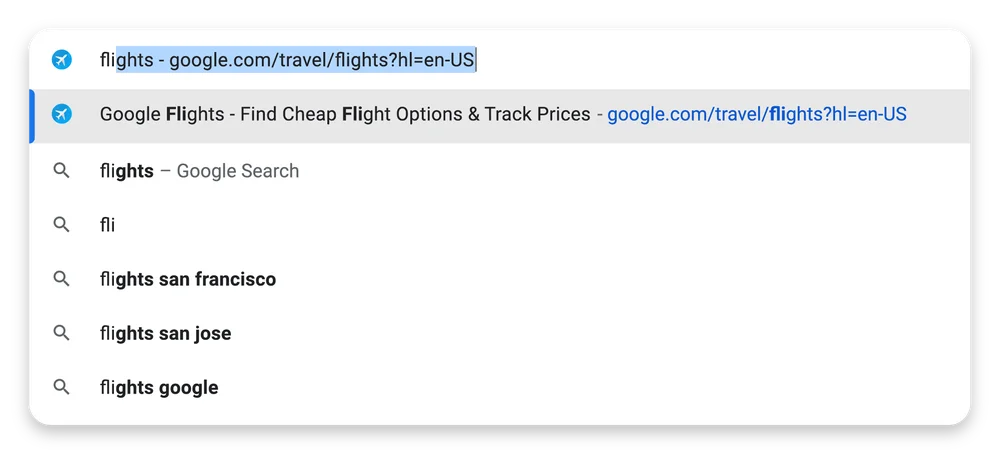 “Flights” is typed into the Chrome address bar. The Google Flights URL is automatically completed in the drop-down results.