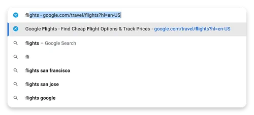 “Flights” is typed into the Chrome address bar. The Google Flights URL is automatically completed in the drop-down results.