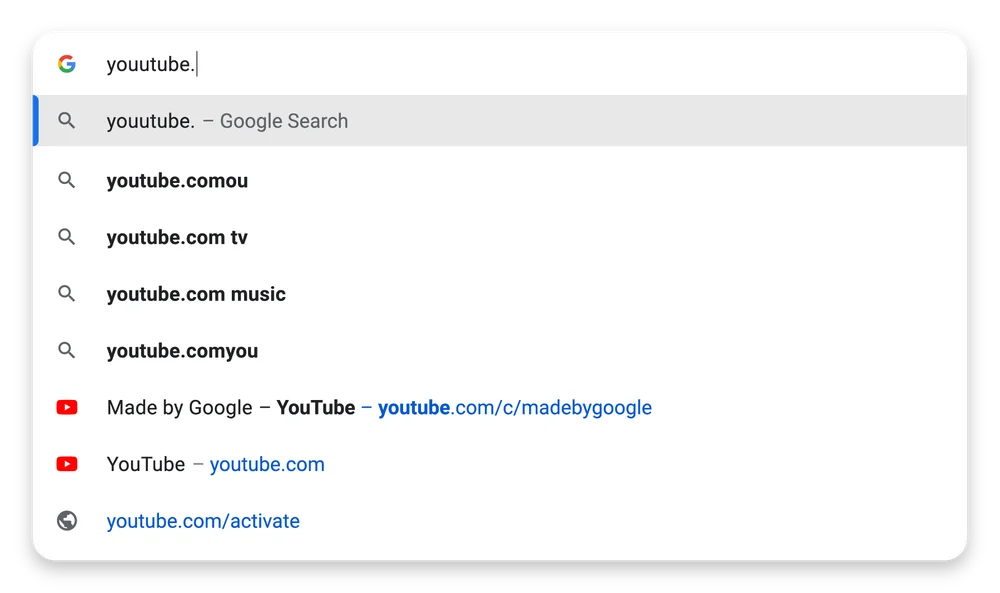 “YouTube” is misspelled in Chrome’s address bar. A “Made by Google — YouTube” suggestion appears in the drop-down results.