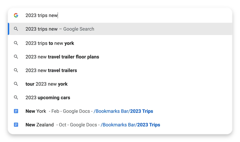 “2023 trips new” is typed into Chrome’s address bar. Two Google Docs, named “New Zealand” and “New York,” from a “2023 Trips” bookmark folder appear in the drop-down.