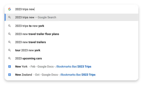 “2023 trips new” is typed into Chrome’s address bar. Two Google Docs, named “New Zealand” and “New York,” from a “2023 Trips” bookmark folder appear in the drop-down.