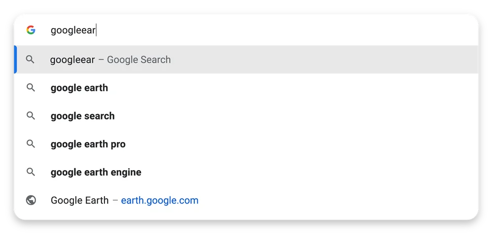 Chrome'un adres çubuğuna “googleearth” yazılır.  Chrome, açılır menüde Google Earth web sitesini önerir.