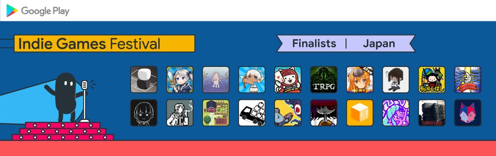 Blobby, the Indie Games Festival mascot, is standing up on a stage with a microphone to announce the finalists of the Japan competition. All finalist icons are on the banner.