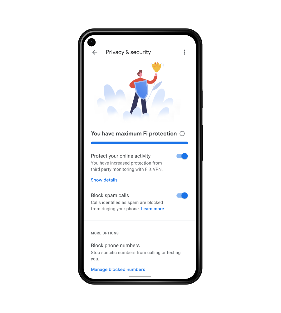 A phone screen showing the Google Fi app menu for privacy & security, featuring an illustration of a person holding a shield for protection.
