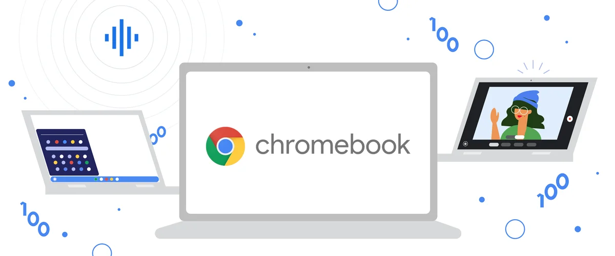 Three illustrated Chromebooks float on a white background. The middle Chromebook shows the Chromebook logo, the one on the left shows the new Launcher interface and the one on the right shows the Camera app. In the background floats the number “100.”