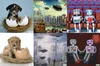 Six images generated by AI: Two with puppies hatching out of eggs, two futuristic cityscapes and two pairs of robots holding hands.