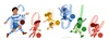 A colourful and vibrant illustration featuring animated characters playing football in front of a Google logo