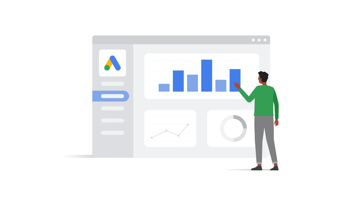 Image of person looking at Google Ads interface and pointing at data-driven attribution chart