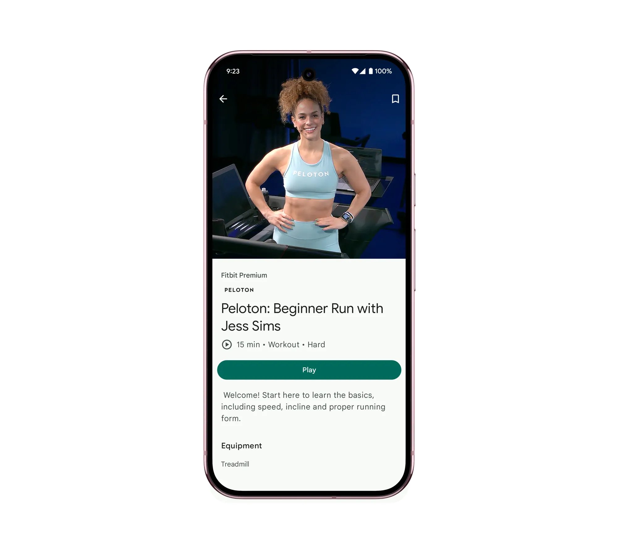 Image showing a video in the Fitbit mobile app of a Peloton Instructor leading a workout class.