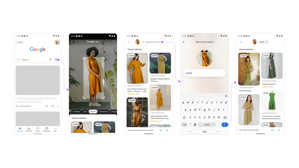 Phone screen shows the ability to search for a green version of an orange dress, using text and images at the same time.