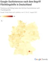 Eine Deutschlandkarte zeigt das Suchinteresse nach Flüchtlingshilfe pro Bundesland