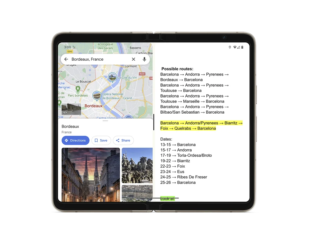 A rendering of a Pixel Fold opened completely showing split screen mode. One side of the screen is opened to Google Maps and is showing an area of Spain. The other is open to a Google Doc with trip planning notes.