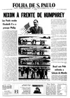 Uma impressão em preto e branco dos anos 60 com fotos de Richard Nixon, Queen Elizabeth II e Prince Philip ladeadas por artigos de notícias. A manchete diz "Nixon à frente de Humphrey".