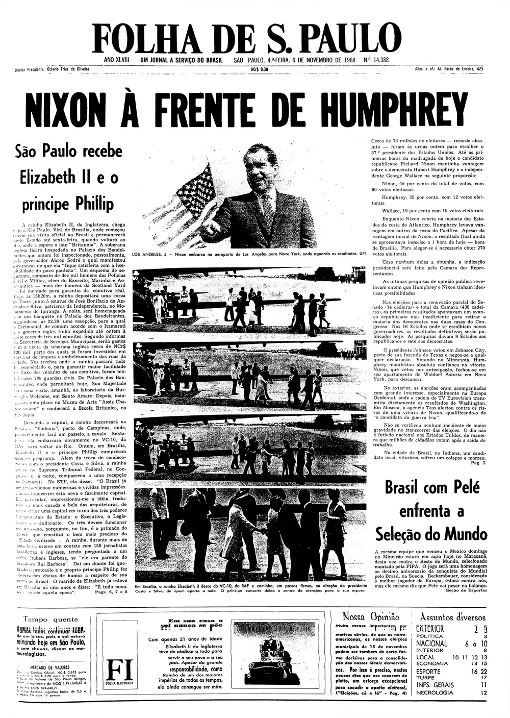 Uma impressão em preto e branco dos anos 60 com fotos de Richard Nixon, Rainha Elizabeth II e Príncipe Philip ladeadas por artigos de notícias. A manchete diz "Nixon à frente de Humphrey"