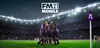 A still from the video game Football Manager 2021, featuring soccer players in purple jerseys high-fiving