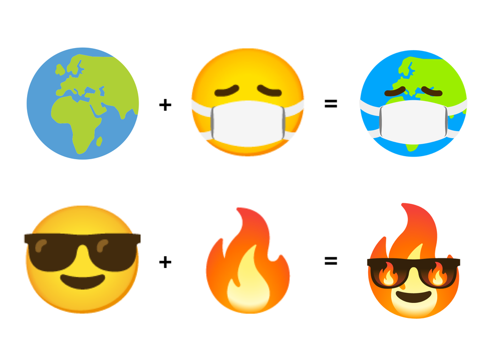 alt=”A Combine Earth emoji mixed with a Face with Medical Mask emoji creates an emoji kitchen sticker of an earth wearing a mask, and a Smiling Face with Sunglasses emoji mixed with a Fire emoji creates an emoji kitchen sticker of a flame wearing fiery sunglasses”>