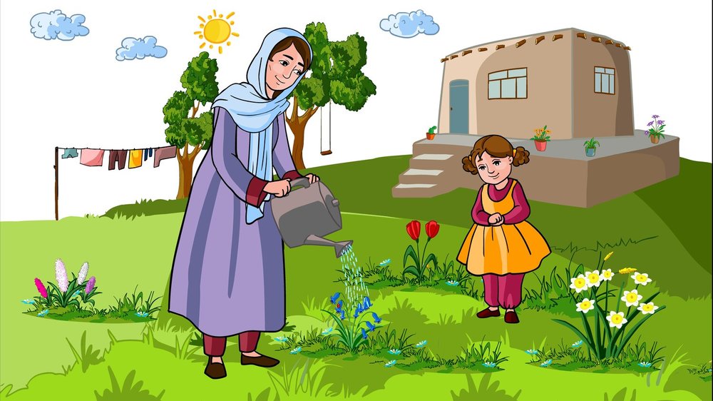 An illustration from Shahla’s upcoming children’s book of an Afghan woman watering plants, with a little girl by her side.