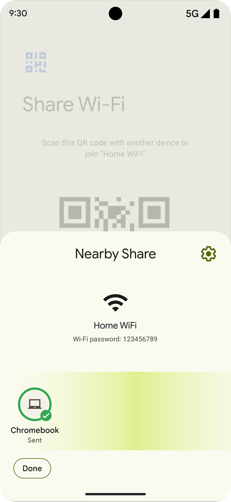 A phone screen that shows the Wi-Fi being send to a Chromebook through Nearby Share