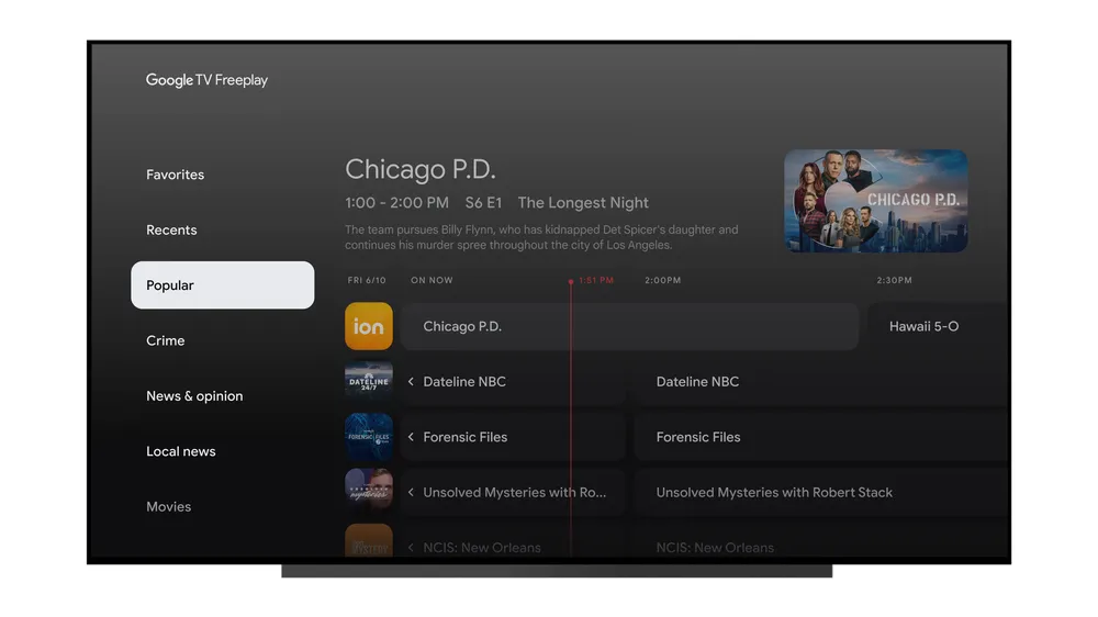 Image of Chicago PD being selected from the Popular tab in the Google TV Freeplay guide