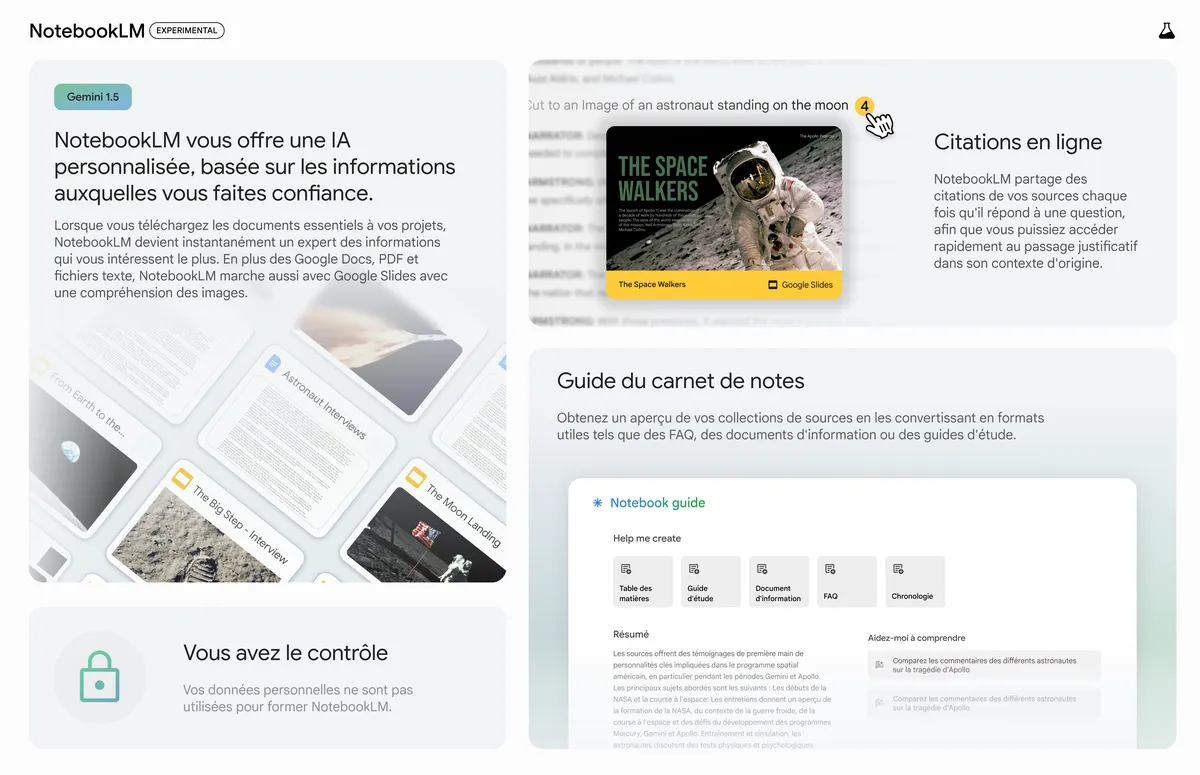 Visuel présentant les fonctionnalité clés de NotebookLM
